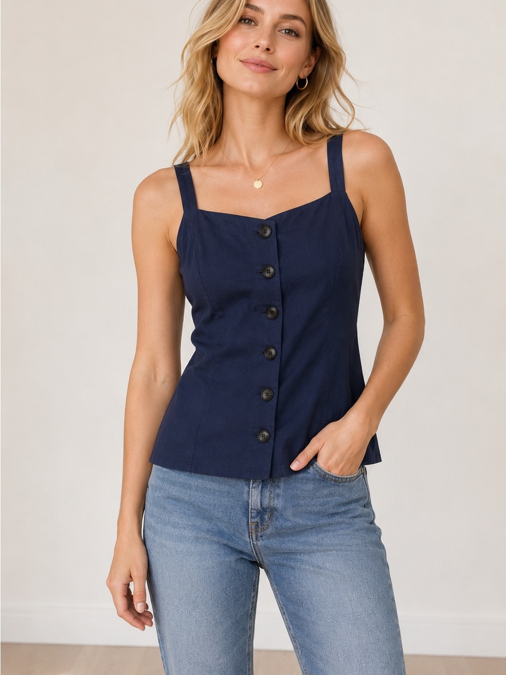 65. ASTR • NWT $95 USD Linen Blend Square Neck Navy Camisole PTP 20-22”